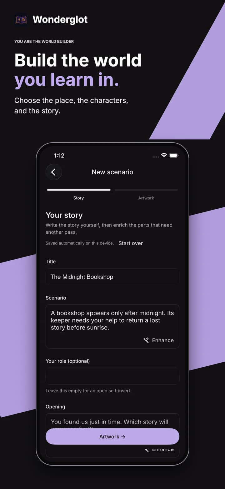 Wonderglot iPhone app showing the create your own story screen