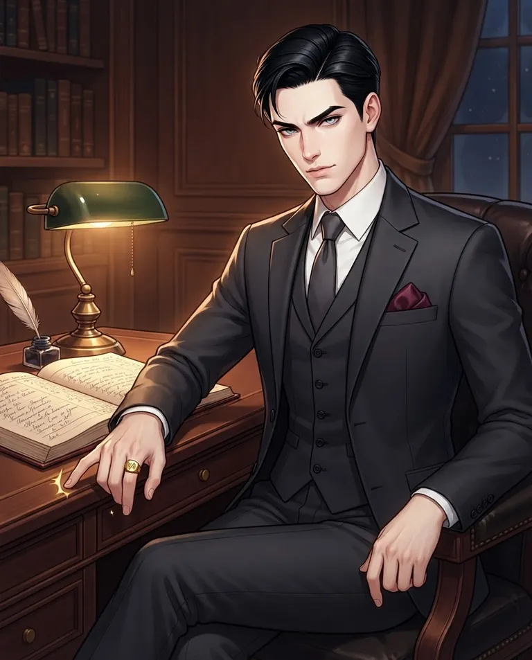 Polished manhwa character art, simple background: waist-up shot of Lucian Vane-Ashcroft, a young adult man with immaculate jet-black hair swept back from a sharp side part, pale-blue eyes, fair flawless skin and a tall slender aristocratic frame, wearing a tailored charcoal three-piece suit with a crisp white shirt and a deep-burgundy silk pocket square, a gold signet ring on his little finger, seated across a mahogany study desk with an open ledger, tapping the gold ring against the wood in cool defiance while raising an eyebrow at the viewer. Warm desk-lamp light. Rich brown-and-amber palette. No text, no watermark.