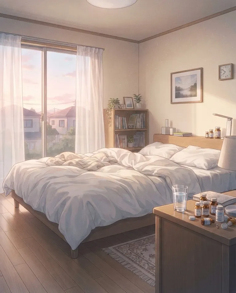 Modern anime key visual, simple background: wide establishing shot of a quiet bedroom at dawn, rumpled white sheets, soft light filtering through gauzy curtains, an untouched glass of water and scattered sleep-aid bottles on the nightstand. Gentle pink-and-amber morning light. Calm hushed palette. No text, no watermark.