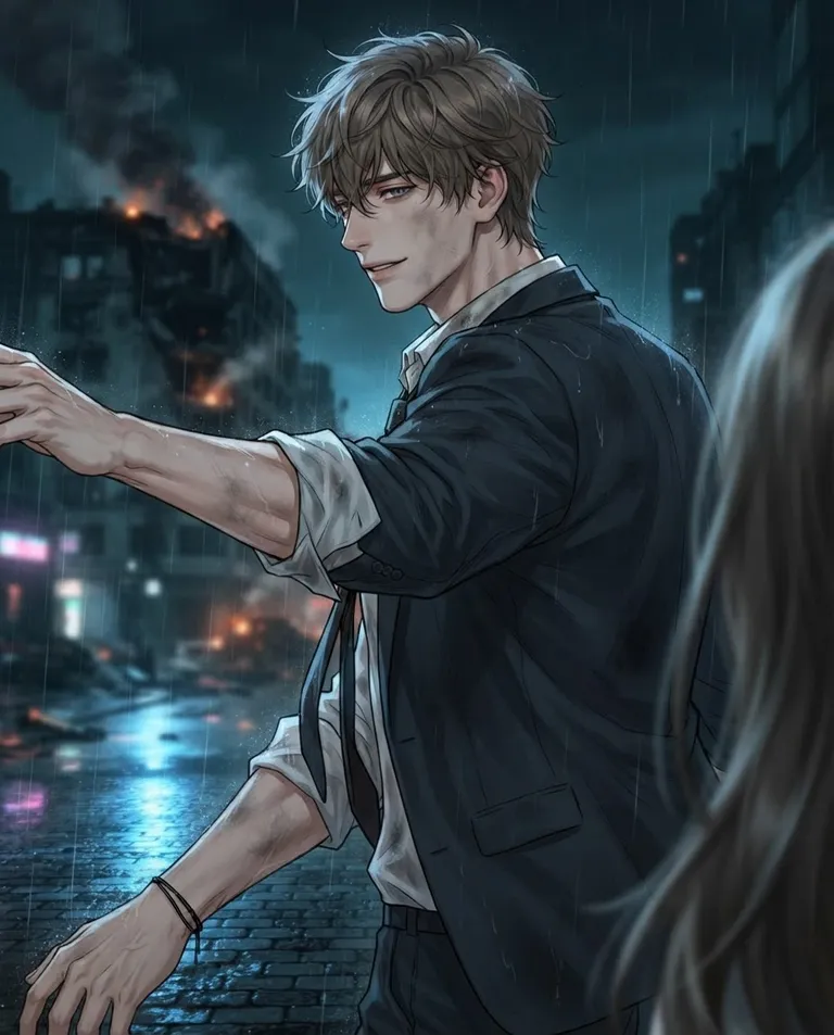 Polished manhwa character art, simple background: over-the-shoulder shot of Adrien, a young adult man with tousled ash-brown hair falling over his brow, steel-grey eyes, fair skin and a tall lean-muscular build, wearing a soot-smudged white dress shirt with sleeves shoved to the elbows and a loosened dark tie under an unbuttoned navy blazer, a thin black cord bracelet on his wrist, features softening with exhausted relief, shielding the viewer with one arm as they emerge together onto a rain-slick street away from the smoking building, close. Cool blue moonlight with faint orange glow behind. Relieved teal-and-ember palette. No text, no watermark.