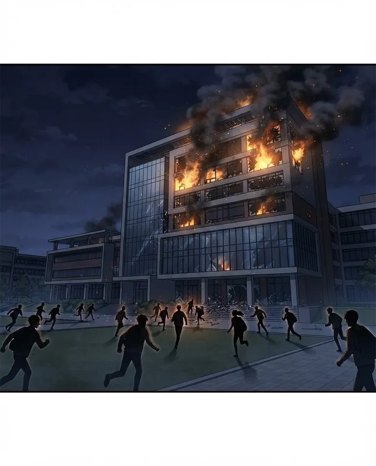 Polished manhwa character art, simple background: wide establishing shot of a modern university building at night with orange flames glowing behind shattered windows, thick smoke pouring into a dark sky, students silhouetted fleeing across the front lawn as embers drift. Harsh orange fire-glow against deep night blue. Tense amber-and-indigo palette. No text, no watermark.