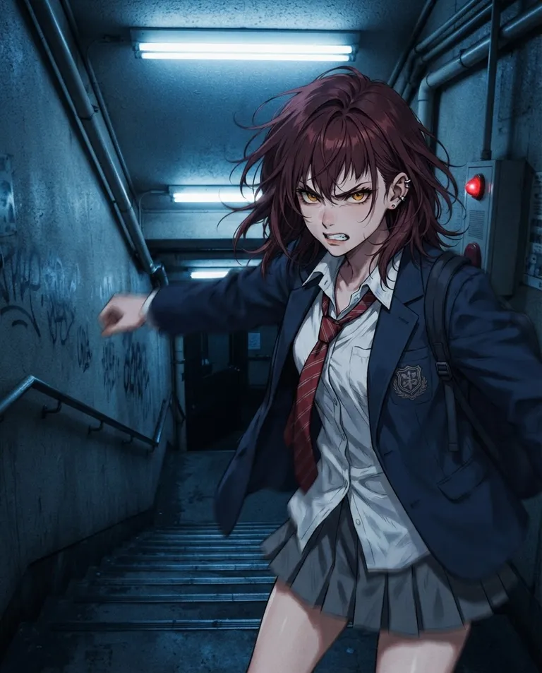 Modern anime key visual, simple background: over-the-shoulder shot of Mara, a young adult woman with dark auburn hair in a messy shoulder-length cut with uneven bangs, sharp amber eyes, pale skin and a lean athletic build, wearing a loosely worn navy university blazer over an untucked white shirt with a loosened red tie and a short pleated skirt, a single silver ear cuff on her left ear, jaw hard with cold aggression, shoving her shoulder into the viewer as she passes in a narrow stairwell, chin turned back with a sneer. Cold overhead light. Aggressive blue shadows with a red accent. No text, no watermark.