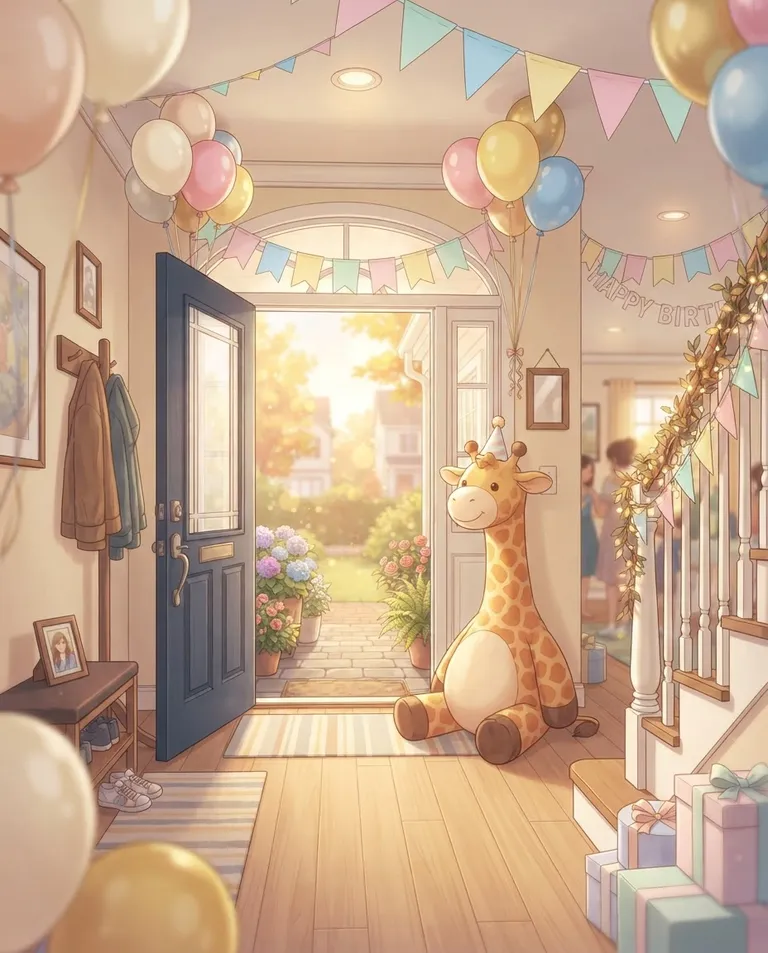 Modern anime key visual, simple background: wide establishing shot of a cozy suburban home entryway decorated for a birthday party with paper garlands and balloons, the front door swung open onto a warm afternoon, a giant plush giraffe toy propped by the threshold. Golden late-afternoon light through the doorway. Cheerful cream and pastel tones, homey celebratory warmth. No text, no watermark.