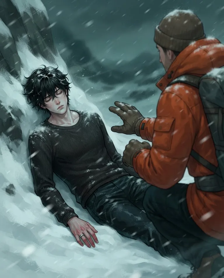 Polished manhwa character art, simple background: over-the-shoulder shot from behind a hiker in a bright winter jacket kneeling in the snow, gloved hand reaching toward Dorian, a young adult man with tousled jet-black hair, pale grey-blue eyes, cold-flushed fair skin and a lean athletic build, wearing only a thin charcoal sweater and dark trousers with no coat or gloves, a slim silver ring on one finger, unconscious and limp against the drift, snow gathering on his shoulders as the wind picks up. Fading grey afternoon light with heavy snowfall. Urgent cold teal-and-white palette. No text, no watermark.