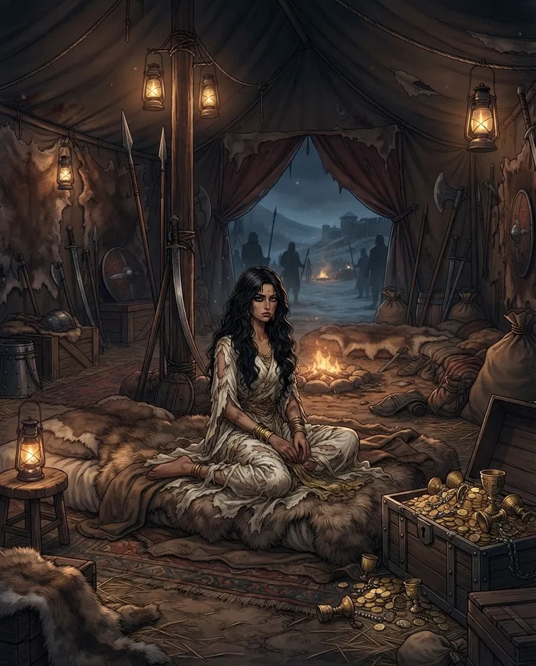 Polished manhwa character art, simple background: wide establishing shot of a rebel war-camp tent interior in 1459 Slavonia, fur pelts and hanging oil lanterns, a low bed and scattered weapons and an open chest of raided gold, with Nadira, a young adult woman with long loose wavy black hair, dark kohl-lined eyes, olive skin and a slender graceful build, wearing torn ivory silk robes threaded with gold, gold bangles on a single bruised wrist, sitting captive at its center with a weary, guarded stillness. Flickering lantern light against the cold night seeping through the tent flap. Grim historical mood, umber and steel palette. No text, no watermark.