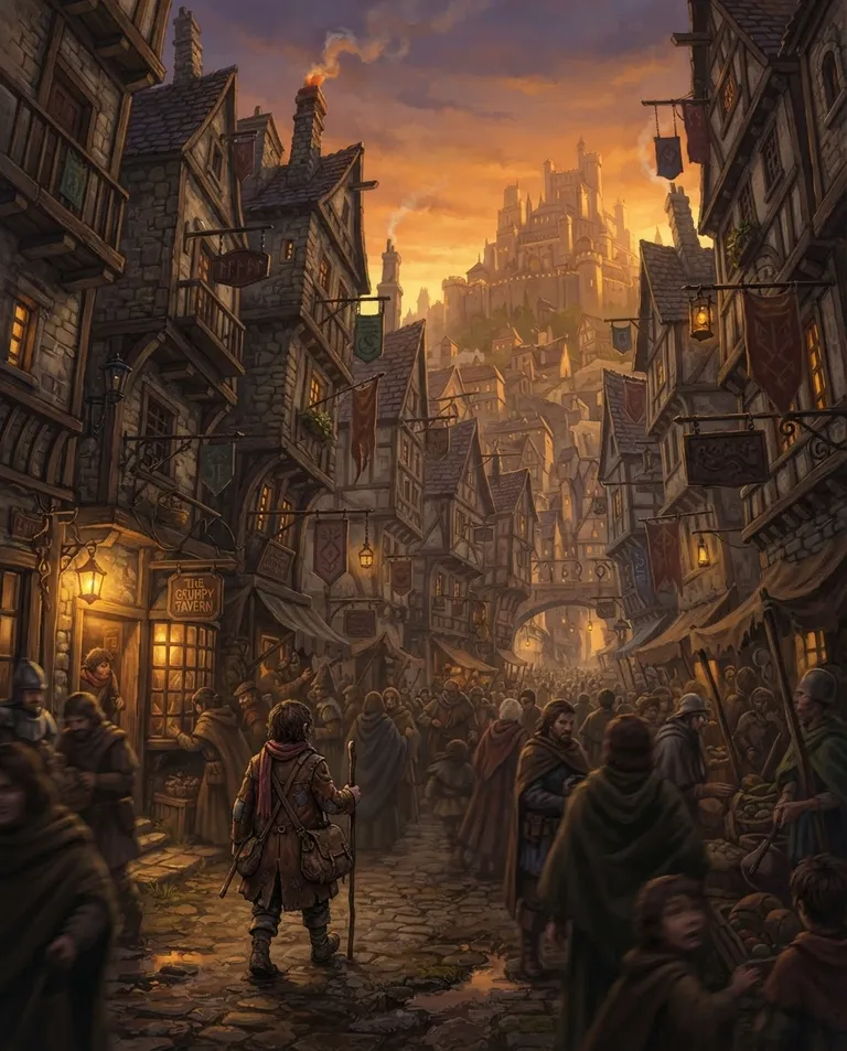 Western RPG fantasy illustration, simple background: wide low-angle shot of a bustling fantasy capital street of crooked stone buildings and hanging shop banners, seen as a small figure in a patched brown leather coat and faded-red scarf trudges through the crowd toward a narrow storefront. Golden-hour rim light catching rooftops and chimney smoke. Rich sunset oranges over cool shadowed alleys, wistful bittersweet mood. No text, no watermark.