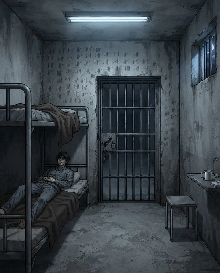 Polished manhwa character art, simple background: wide establishing shot of a cramped concrete prison cell with two bunks, a barred door, and scratched tally marks covering one grey wall. Cold fluorescent light through a small barred window. Bleak claustrophobic grey and shadow palette. No text, no watermark.