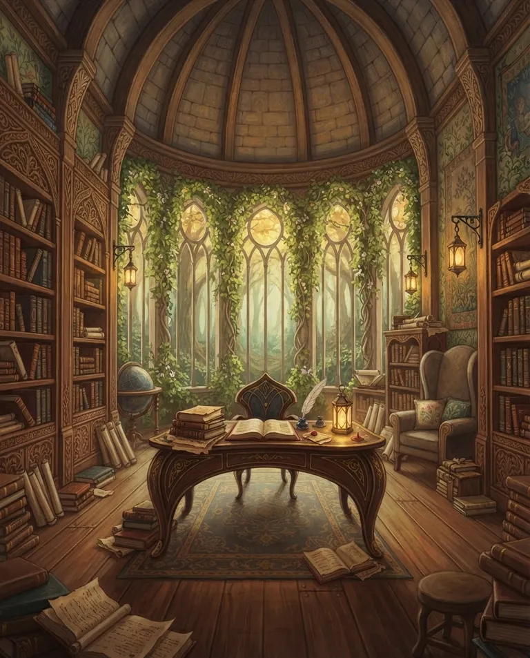 Western RPG fantasy illustration, simple background: wide establishing shot of an elegant elven study lined with tall bookshelves, stacked manuscripts, an ornate writing desk with quills and ink, and arched windows framed by ivy. Warm lantern light mixing with soft daylight. Painterly amber, green, and gold palette. No text, no watermark.