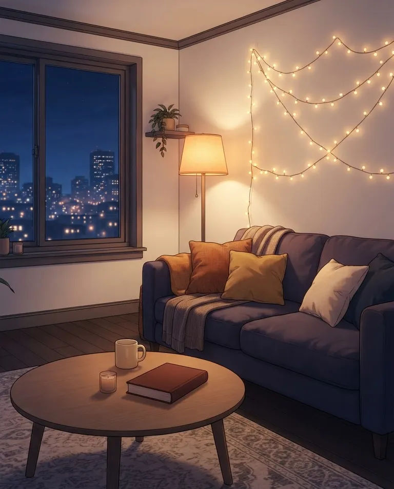 Polished manhwa character art, simple background: wide establishing shot of a cozy evening living room with a soft couch piled with cushions, a warm floor lamp, a plain mug and an unmarked closed book on the coffee table, every surface plain and unmarked, fairy lights across the wall, and city lights glowing through the window. Warm indoor lamplight against cool blue dusk outside. Snug amber-and-indigo palette. No text, no letters, no numbers, no writing anywhere in the image, no watermark.