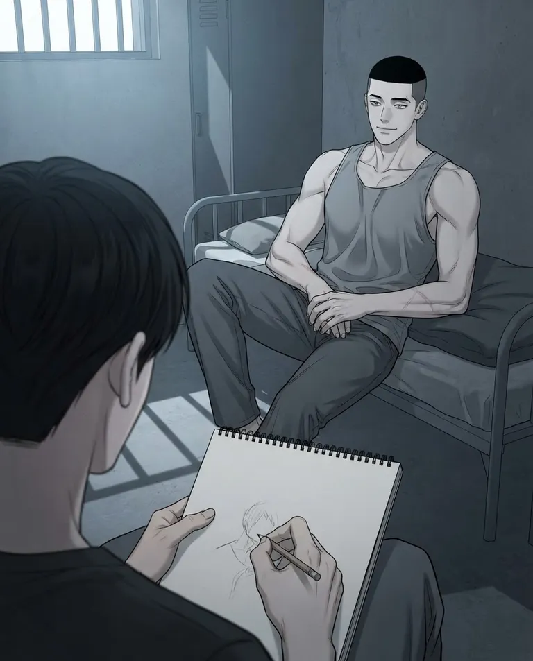 Polished manhwa character art, simple background: over-the-shoulder shot from behind a seated figure sketching in a plain unmarked sketchbook, facing Wes, a late-twenties man with short black hair shaved close at the sides, pale-grey eyes, lean muscular build and broad shoulders, tall, wearing a loose grey prison tank top and dark grey trousers, a faded scar across one forearm, sitting still and posing against the bunk, calm and relaxed with a faint amused curve to his mouth. Dim slatted light through bars. Charged, quiet tension, muted steel palette. No text, no letters, no numbers, no writing anywhere in the image, no watermark.