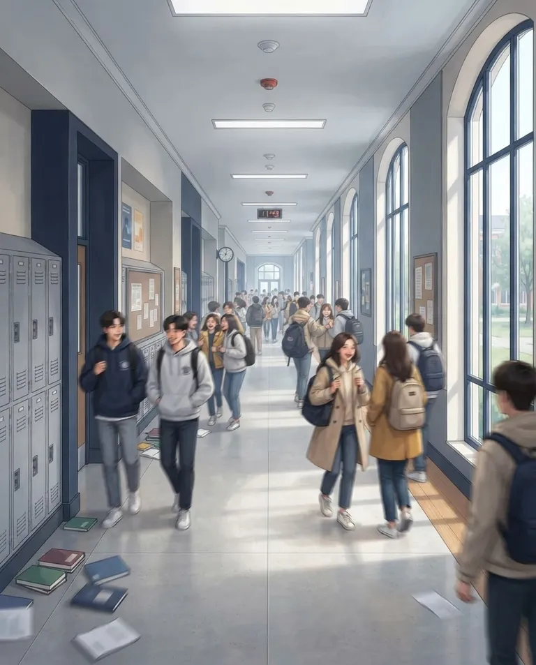 Polished manhwa character art, simple background: wide establishing shot of a busy university hallway between classes, students blurred in motion, lockers and tall windows lining the walls, scattered textbooks on the floor. Bright cool daylight through the windows. Clean contemporary palette of grey, navy, and sunlit gold. No text, no watermark.