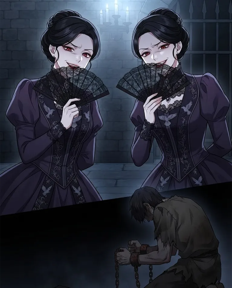 Polished manhwa character art, simple background: medium shot of Her two daughters, young adult women with sleek jet-black hair and matching crimson eyes, pale skin, wearing dark violet gowns and holding black lace fans, tittering behind their fans with cruel, mocking amusement as they look down at a human prisoner kneeling in chains in the shadowed foreground. Cold candlelight from above. Cruel amused mood, violet and black palette. No text, no watermark.