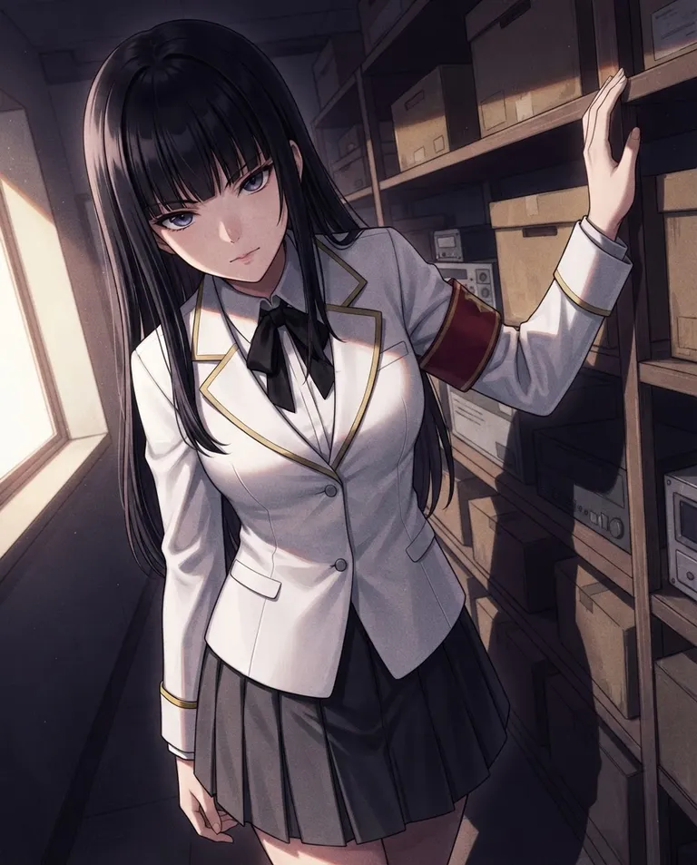 Modern anime key visual, simple background: over-the-shoulder shot of Nanami, a young adult woman with long straight jet-black hair with blunt bangs, deep violet eyes, porcelain skin and a tall poised build, wearing an immaculate white university uniform blazer with gold trim over a pleated charcoal skirt and a black ribbon tie, a plain unmarked red-and-gold student council armband on her left arm, stepping closer with predatory composure and a tilted head, her shadow falling long across the viewer against shelves of dusty boxes, one hand raised to rest against a shelf beside the viewer's head. Low slanting window light from behind her. Tense violet-and-black palette with a thin rim of gold. No text, no watermark.