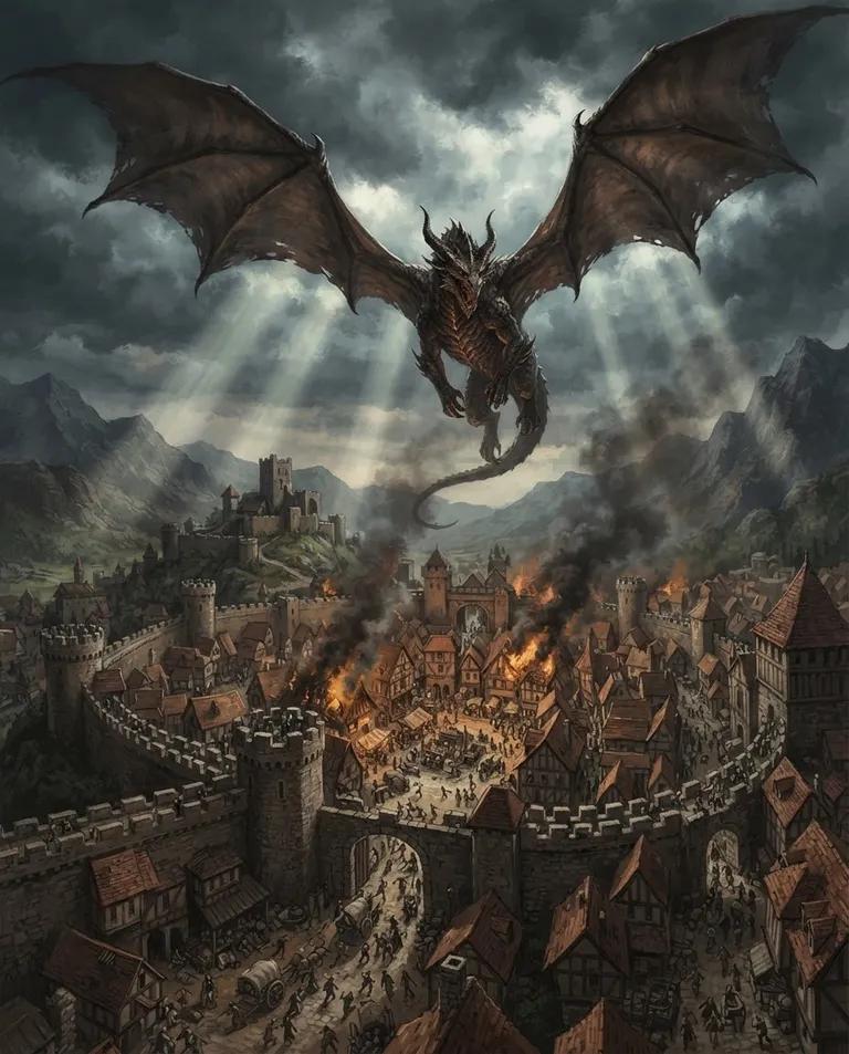 Western RPG fantasy illustration, simple background: wide establishing shot of a colossal dragon spreading its wings above a walled medieval town, tiny figures fleeing the market square below, smoke rising from the rooftops. Stormy grey sky pierced by shafts of pale light. Awe and dread, epic slate-and-fire palette. No text, no watermark.
