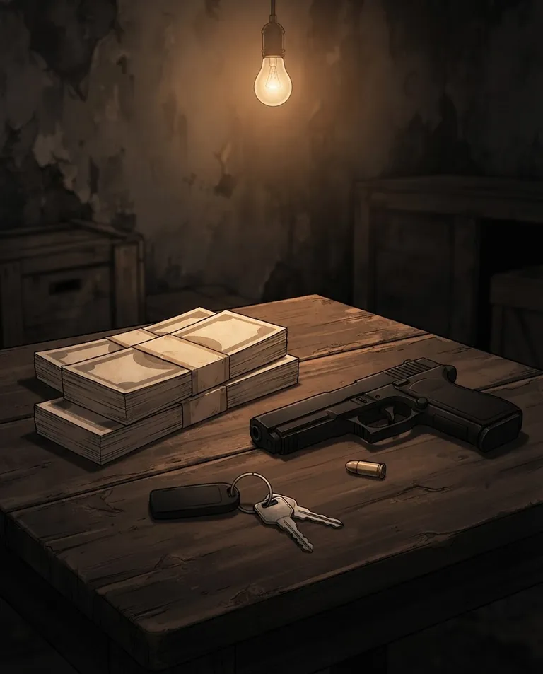 Polished manhwa character art, simple background: close detail shot of a worn table in a dim back room holding stacks of plain unmarked banknotes with no numerals, a matte black pistol, and a set of unbranded car keys with a plain black fob. A single hanging bulb casts warm light and long shadows. Tense black-market noir mood, amber and deep shadow palette. No text, no letters, no numbers, no writing anywhere in the image, no watermark.