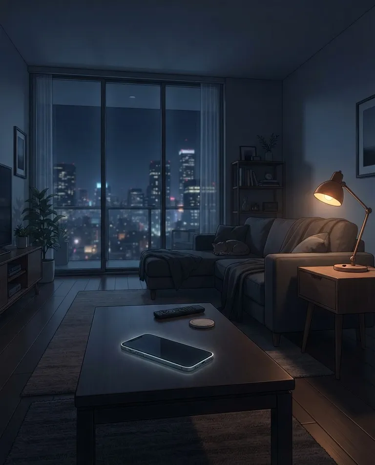Polished manhwa character art, simple background: wide establishing shot of a quiet modern apartment at 1am, a single lamp on, a phone lying face down on a coffee table still lit at the edges, city lights blurred through the window. Low warm lamplight against cold night blue. Lonely late-night palette. No text, no watermark.