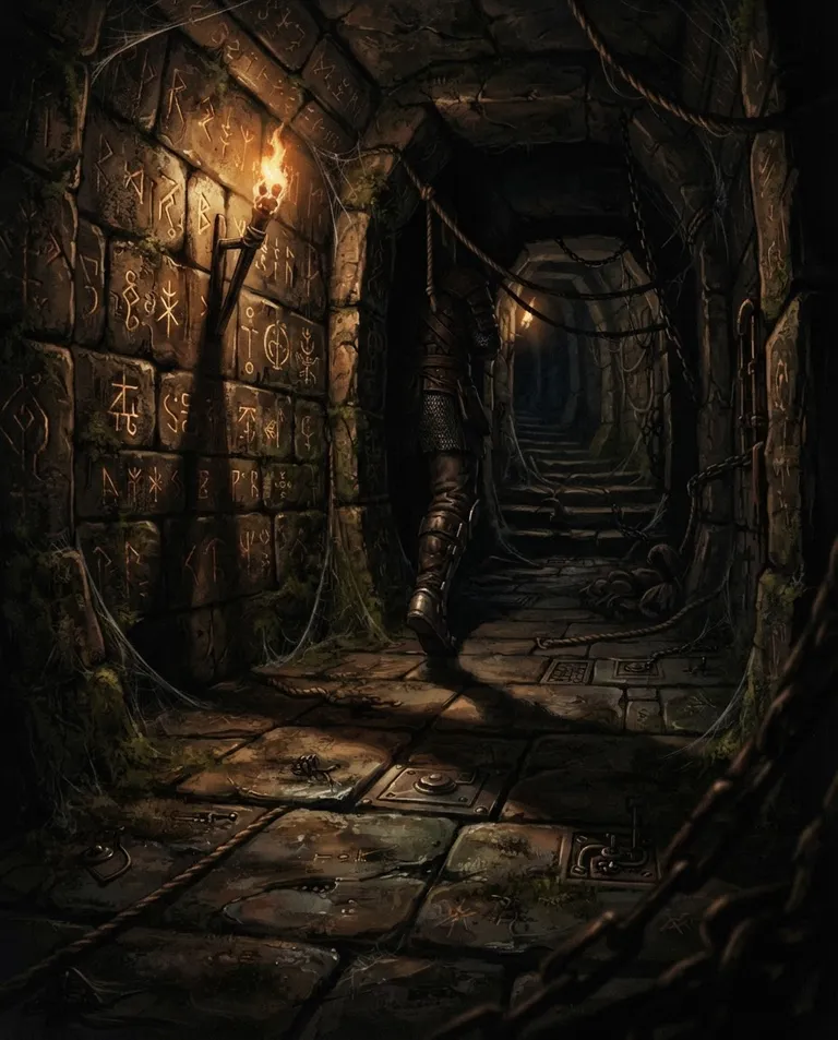 Western RPG fantasy illustration, simple background: low-angle shot of a narrow labyrinth passage lined with worn carved runes, subtle mechanisms and pressure plates hidden in the flagstone floor, ropes and shadows hinting at a lurking snare. Flickering torch glow throwing long shadows. Tense, menacing dark-amber palette. No text, no watermark.