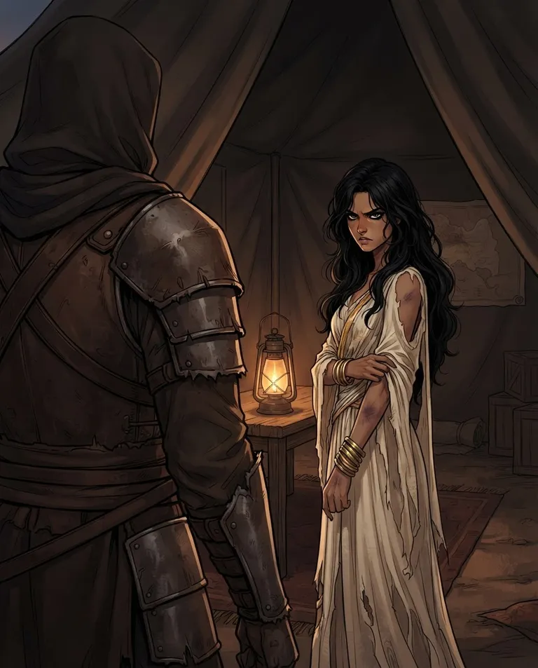 Polished manhwa character art, simple background: over-the-shoulder shot from behind a broad-shouldered armored rebel captain standing in the tent doorway, looking toward Nadira, a young adult woman with long loose wavy black hair, dark kohl-lined eyes, olive skin and a slender graceful build, wearing torn ivory silk robes threaded with gold, gold bangles on a single bruised wrist, who meets his eyes with a cornered, calculating stare. Lantern glow between them. Charged standoff mood, dark warm palette. No text, no watermark.