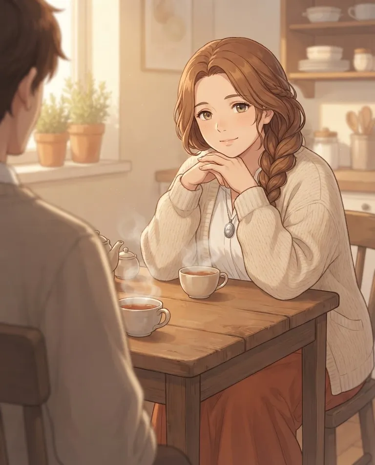 Modern anime key visual, simple background: over-the-shoulder shot of Cordelia, a young adult woman with long warm chestnut hair in a loose side braid over her shoulder, soft hazel eyes, fair skin and a gentle rounded build, wearing an oversized cream knit cardigan over a white blouse and a long rust-orange skirt, a small oval silver locket on a short chain, eyes warm and utterly attentive, leaning forward with her chin resting on her hands to listen to the viewer across a wooden kitchen table, two cups of tea steaming between them. Soft late-afternoon sun across the table. Gentle gold-and-russet palette. No text, no watermark.