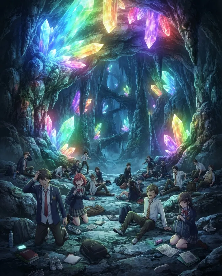 Modern anime key visual, simple background: wide establishing shot of a colossal underground cavern lit by enormous rainbow-hued crystals overhead, a scattered class of university-age students in school uniforms groaning awake on the cold stone floor amid their spilled bags. Prismatic rainbow crystal light flooding the cave. Saturated multicolor palette, a mood of disorienting wonder and dread. No text, no watermark.