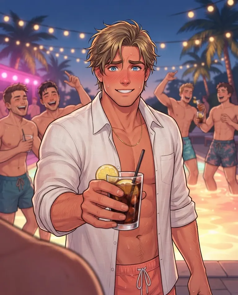 Polished manhwa character art, simple background: over-the-shoulder shot of Tanner, a young adult man with sun-streaked dirty-blond hair in a short swept-back cut, bright blue eyes, sun-tanned skin and a broad-shouldered athletic build, wearing an unbuttoned white linen shirt over coral swim trunks, a thin gold chain necklace, flustered and blushing but refusing to walk away, still holding out the viewer's drink while young adult fraternity brothers howl with laughter in the background, beside the glowing pool at dusk. Mixed dusk light and warm string lights. Playful magenta-and-gold palette. No text, no watermark.