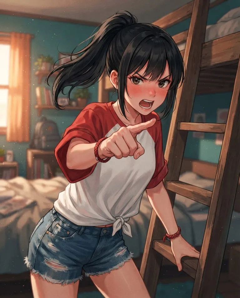 Modern anime key visual, simple background: waist-up shot of Rin Sasaki, a young adult woman with straight black hair in a high ponytail with side-swept bangs, dark brown eyes, light skin and a slim energetic build, wearing an oversized plain white T-shirt with solid red raglan sleeves, no stripes, no lettering or logos, tied at the waist over denim shorts, a red friendship bracelet on her wrist, leaning in close and jabbing a finger at the viewer mid-argument beside the bunk ladder, cheeks flushed with heated frustration. Warm dusty light through the window. Heated orange-and-teal palette. No text, no letters, no numbers, no writing anywhere in the image, no watermark.