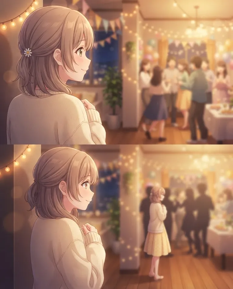 Modern anime key visual, simple background: over-the-shoulder shot of Yui Hasegawa, a young adult woman (18-year-old student) with soft light-brown shoulder-length hair pulled into a loose low half-tie, hazel eyes, fair skin and a petite slender build, wearing a cream knit cardigan over a pastel-yellow sundress, a small white daisy hair clip, hanging back at the quiet edge of a bright party room, clutching her cardigan sleeves and watching the celebration from the sidelines with a soft hopeful expression. Warm string-light glow across the room. Cozy amber and pastel palette, wistful shy warmth. No text, no watermark.
