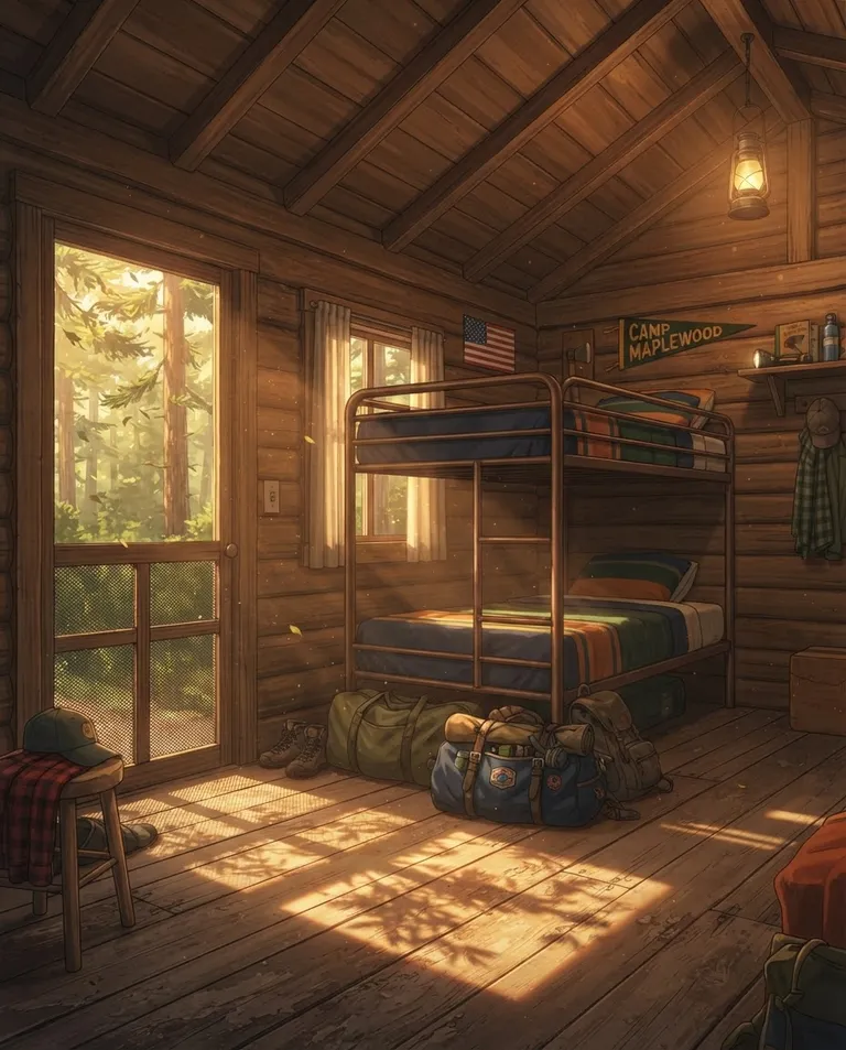 Modern anime key visual, simple background: wide establishing shot of a rustic wooden summer-camp cabin interior with a single metal bunk bed, two duffel bags crammed on the floorboards, a screen door letting in dappled forest light and pine shadows. Warm golden afternoon sunlight. Cozy woodsy green-and-honey palette. No text, no watermark.