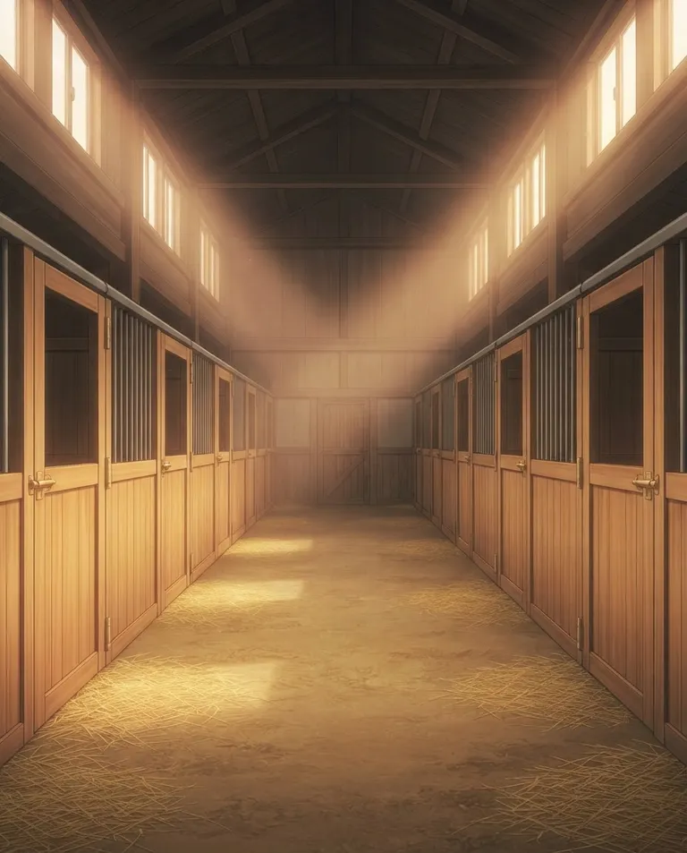 Modern anime key visual, simple background: long interior shot down the central aisle of a spotless barn, rows of empty stalls with clean blank wooden doors and unmarked brass fittings on both sides, fresh straw glowing in soft shafts of morning light from high windows, everything swept and precisely in its place. Warm hazy straw-gold light. Calm, orderly, quietly unsettling amber palette. No text, no letters, no numbers, no writing anywhere in the image, no watermark.