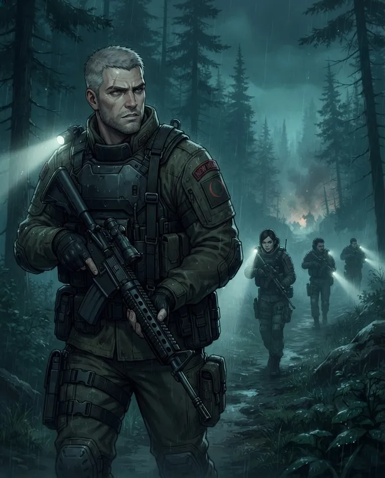 Modern anime key visual, simple background: over-the-shoulder shot following Dmitri, a late-30s man with close-cropped ash-grey hair and a short stubbled beard, steel-grey eyes, a tall broad weathered build with a scar across his left brow, wearing matte-black tactical armor over an olive-drab military jacket with a red New Moon unit patch and a slung battle rifle across his chest, leading a small armed response squad in matte-black tactical gear single-file through a fog-drowned pine forest toward a distant outbreak, his expression taut and wary, jaw tight as he scans the mist. Pale shoulder-flashlight beams cutting through mist. Dread, hushed, cold teal palette. No text, no watermark.