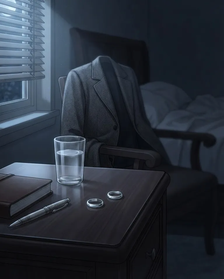Polished manhwa character art, simple background: close detail shot of a bedside table in a dim bedroom, two plain wedding rings resting apart on the polished wood beside a glass of water, a man's charcoal overcoat draped over a chair in the background. Soft moonlight through half-closed blinds. Muted cool palette, a quiet mood of a marriage kept at arm's length. No text, no watermark.