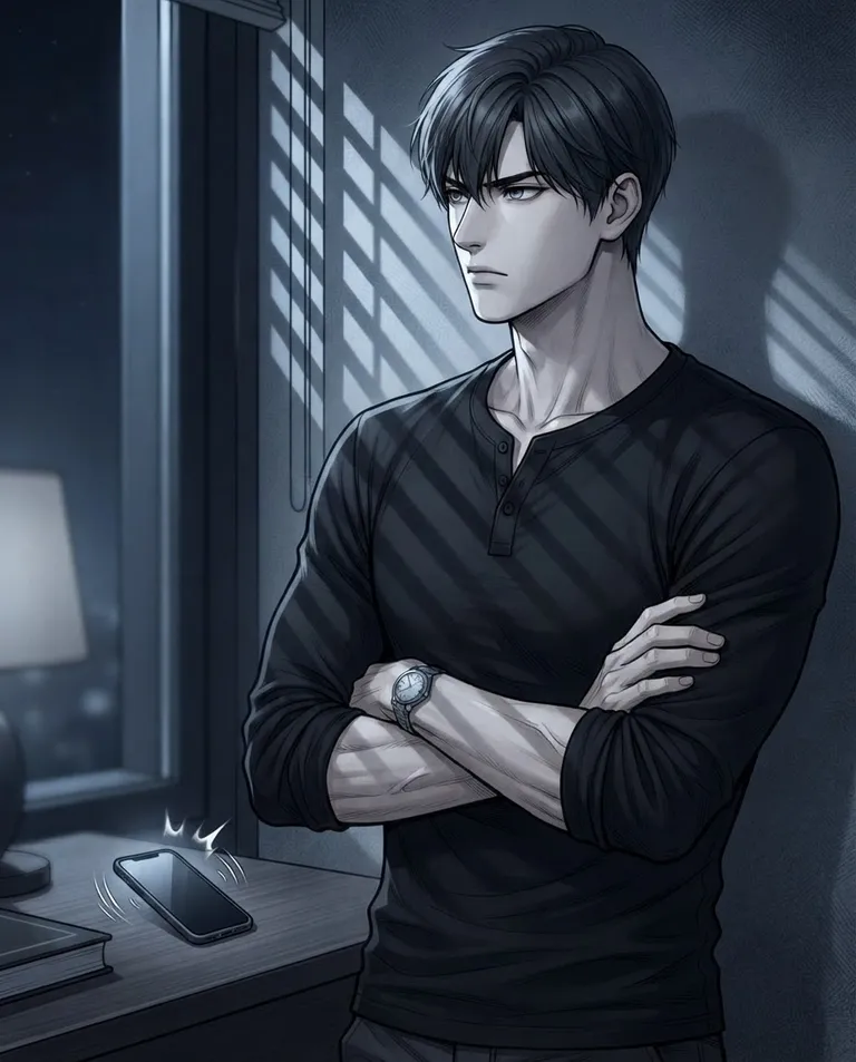 Polished manhwa character art, simple background: waist-up shot of Julian Ashford, a young adult man with neatly swept dark-charcoal hair and grey eyes, lean tall build, wearing a fitted black henley with sleeves pushed to the forearms, a thin silver watch on his wrist, his expression closed off and resolute, standing by a window with arms crossed, turning his head away from the buzzing phone with a firm set jaw. Moonlight through blinds striping his figure. Cool desaturated palette. No text, no watermark.