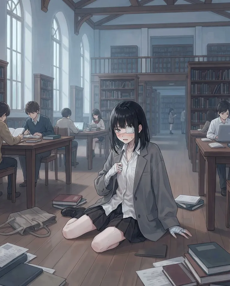 Modern anime key visual, simple background: wide establishing shot of a hushed school library with tall wooden shelves and long reading tables, where Hina Kurosawa, a young adult woman (university student) with straight black chin-length hair and blunt bangs, one dull violet eye visible, very pale skin dotted with faint bruises and a thin fragile build, wearing a loose oversized grey school blazer over a white blouse and pleated skirt, a white medical eyepatch over her right eye and white bandages wound around both hands and forearms, cheeks flushed with flustered embarrassment, has just tripped and sits sprawled on the floor among scattered books and papers while other students look away. Cool afternoon light through high windows. Dusty pale tones with a lonely stillness. No text, no watermark.