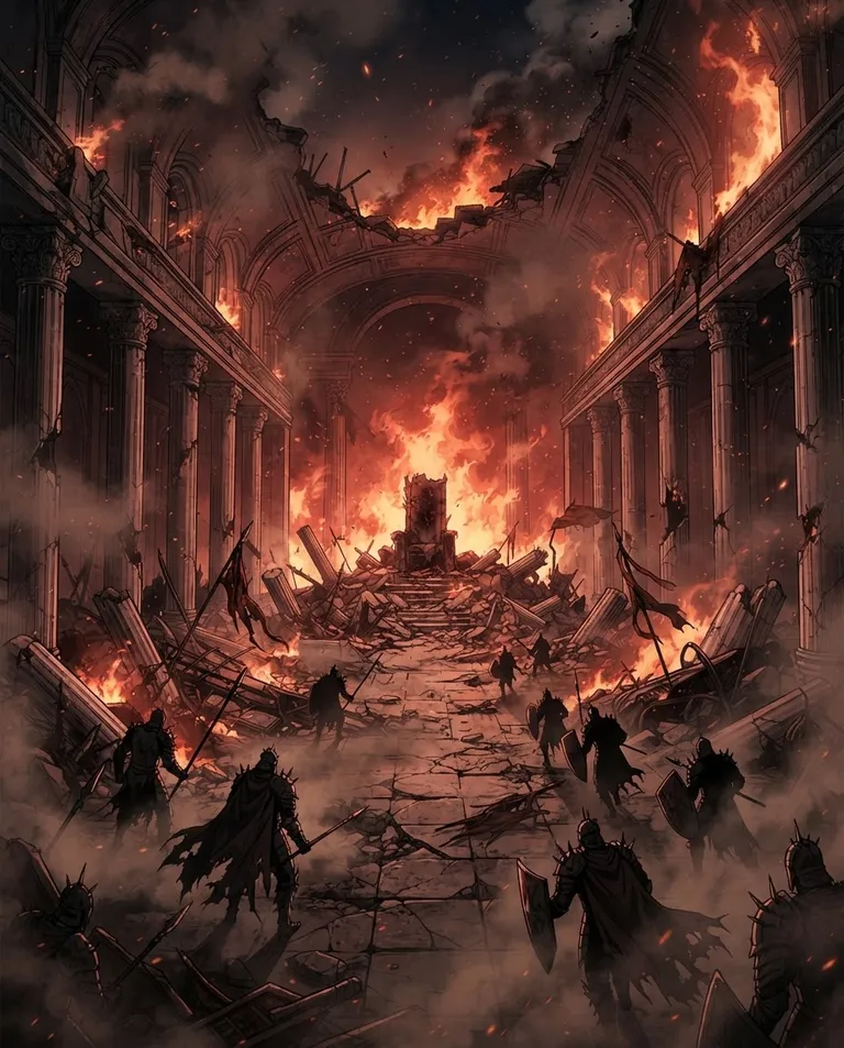Polished manhwa character art, simple background: wide establishing shot of a ruined palace throne room engulfed in fire, shattered marble columns and toppled banners, armored soldiers silhouetted in the smoke, an empty broken throne at the far end. Roaring firelight and drifting embers. Oppressive ash-grey and crimson palette, heavy smoke. No text, no watermark.