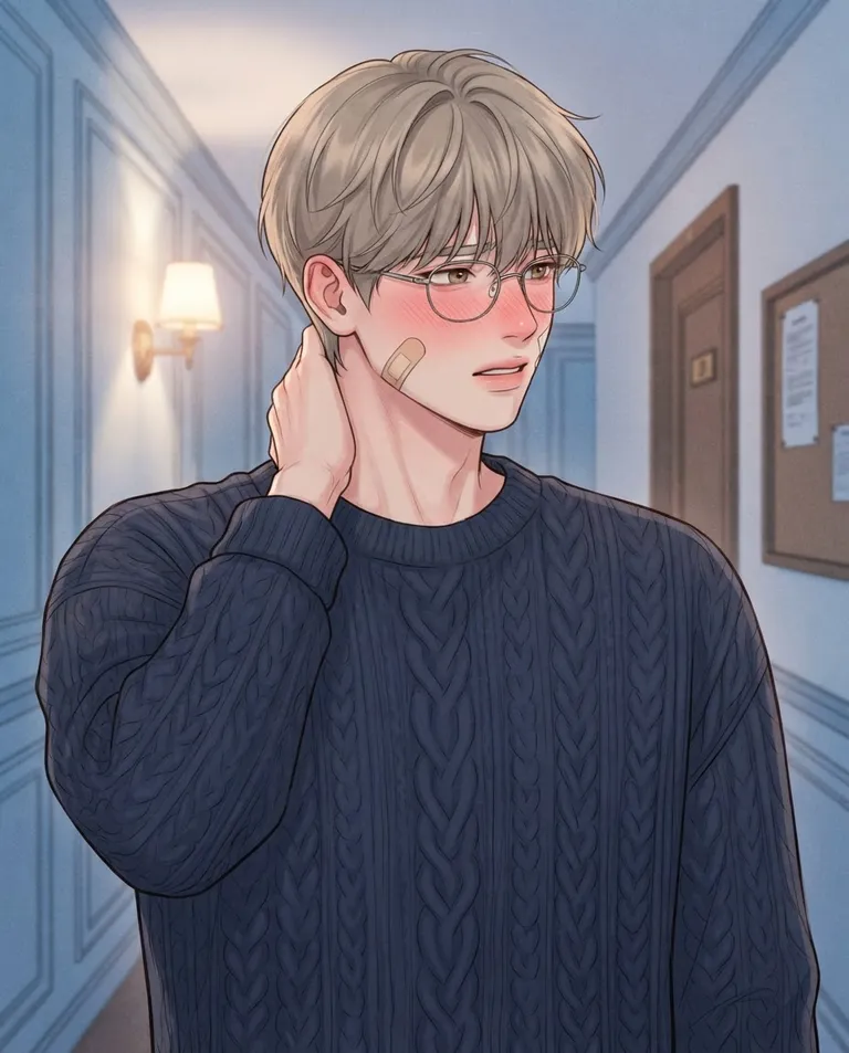 Polished manhwa character art, simple background: close portrait of Theo, a young adult man with soft ash-blond hair falling over his forehead and hazel eyes behind thin glasses, slim build, wearing an oversized navy knit sweater, a small band-aid on one cheek, looking flustered and bashful, cheeks pink as he glances away and rubs the back of his neck in a dorm hallway. Cool indoor light with a warm lamp glow. Muted blue and blush palette. No text, no watermark.