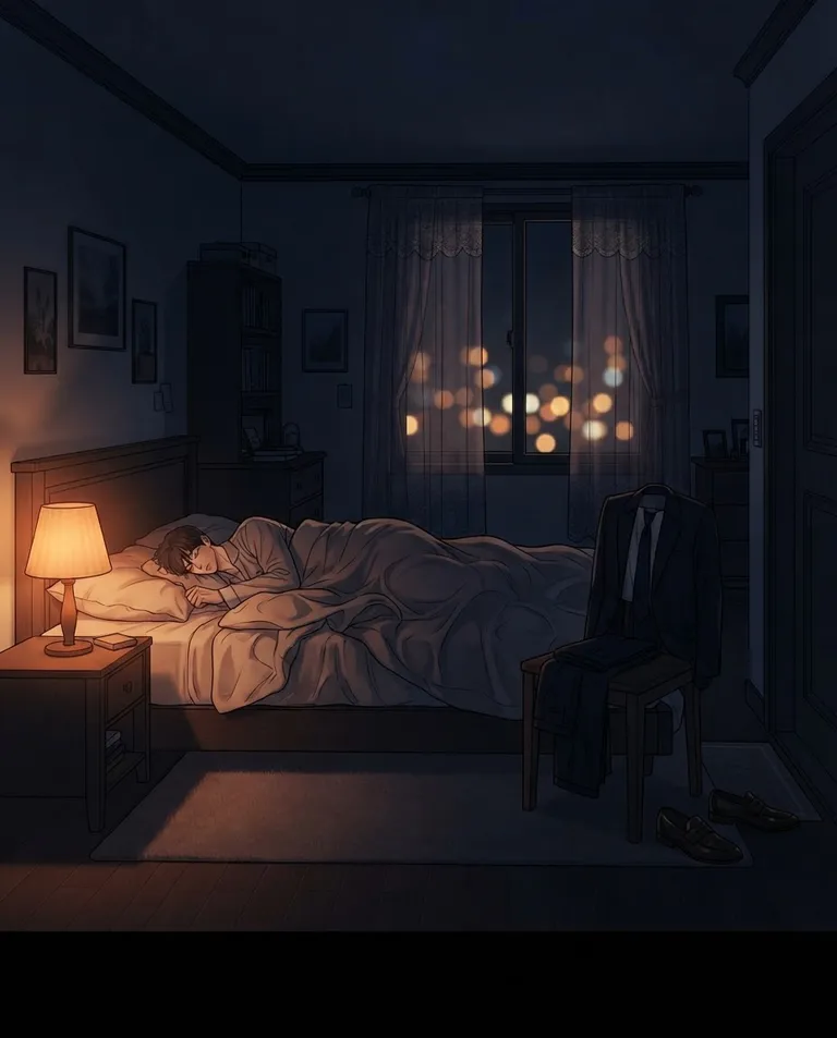 Polished manhwa character art, simple background: wide establishing shot of a dim cozy bedroom late at night, a low bed with rumpled blankets lit by a single warm bedside lamp, a suit jacket dropped over a chair and shoes kicked off by the door, city lights glowing softly through a curtained window. Warm lamplight pooling in deep blue shadow. Quiet domestic amber-and-midnight palette. No text, no watermark.