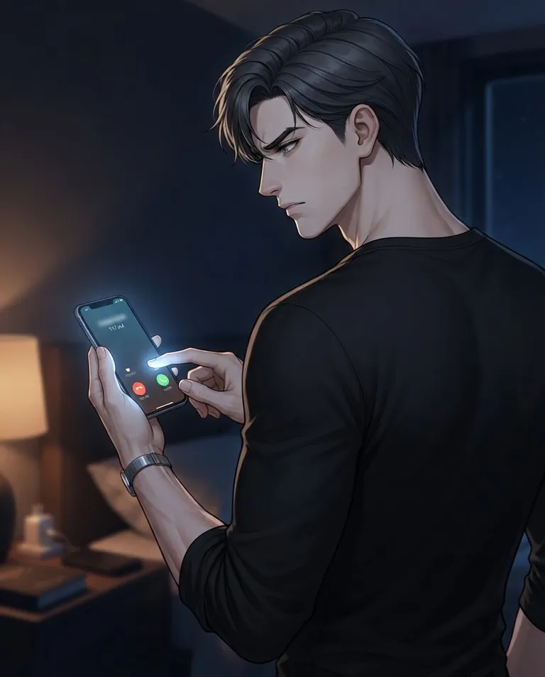 Polished manhwa character art, simple background: over-the-shoulder shot looking past Julian Ashford, a young adult man with neatly swept dark-charcoal hair and grey eyes, lean tall build, wearing a fitted black henley with sleeves pushed to the forearms, a thin silver watch on his wrist, toward a glowing phone screen showing an incoming call at 1:17am, his hand hovering but not touching it, his face tight with temptation he won't act on. Harsh screen light on his fingers. Tense blue-and-amber palette. No text, no watermark.