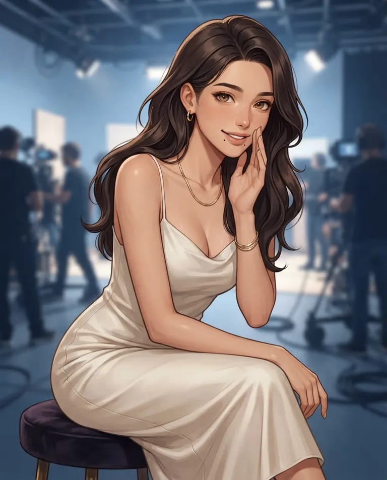 Polished manhwa character art, simple background: waist-up shot of Valentina Cruz, a 24-year-old woman with long glossy dark-brown wavy hair, warm hazel eyes, smooth light-tan skin and a tall slender model's build, wearing an elegant off-white silk slip dress with delicate gold jewelry, a small beauty mark near her lip, her expression warm and confiding with a weary softness, leaning in close and lowering her voice to the viewer between takes with one hand near her lips, the busy crew blurred behind her. Soft warm off-set lighting against cool studio blue. Confiding, weary, tender amber palette. No text, no watermark.