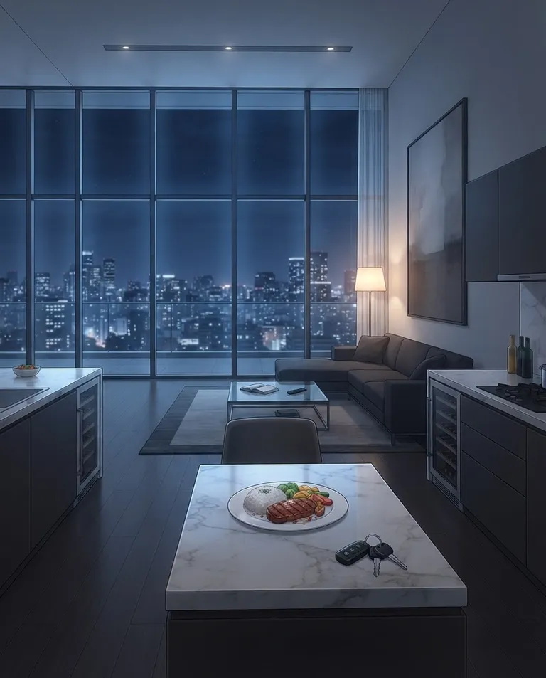Polished manhwa character art, simple background: wide establishing shot of a sleek but sterile high-rise apartment living room at night, an untouched dinner cooling on the counter, a set of car keys dropped beside it, floor-to-ceiling windows showing a distant city skyline. Cold moonlight and a single warm lamp left on. Muted grey-and-amber palette, a mood of emotional distance and silence. No text, no watermark.