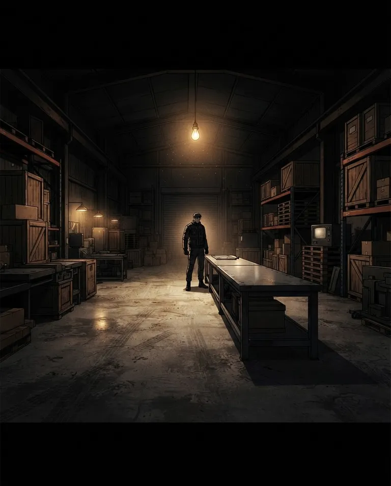 Polished manhwa character art, simple background: wide establishing shot of a dim cartel warehouse at night, stacked crates and a long steel table, a lone figure standing at the far end backlit by a hanging bulb. Low warm lantern light bleeding into darkness. Tense noir palette of black, rust, and dull gold. No text, no watermark.