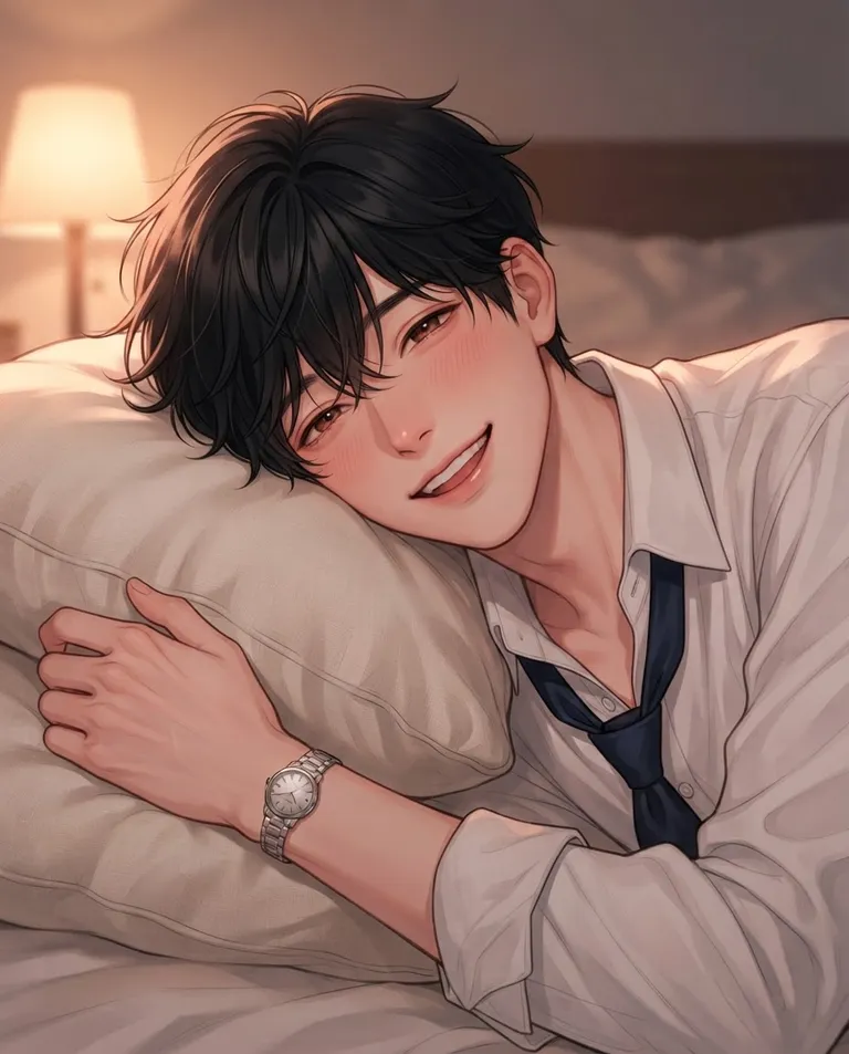 Polished manhwa character art, simple background: close portrait of Akio, a young adult man with neatly cut black hair falling loose over his forehead, warm brown eyes, light skin and a slim elegant build, wearing a rumpled white dress shirt with the collar open and a silk tie pulled loose, a thin silver wristwatch, eyes half-lidded and glassy with a sleepy giggling grin, cheek sunk into a pillow, hair mussed across his forehead. Warm low lamplight from one side. Tender rosy amber-and-cream palette. No text, no watermark.