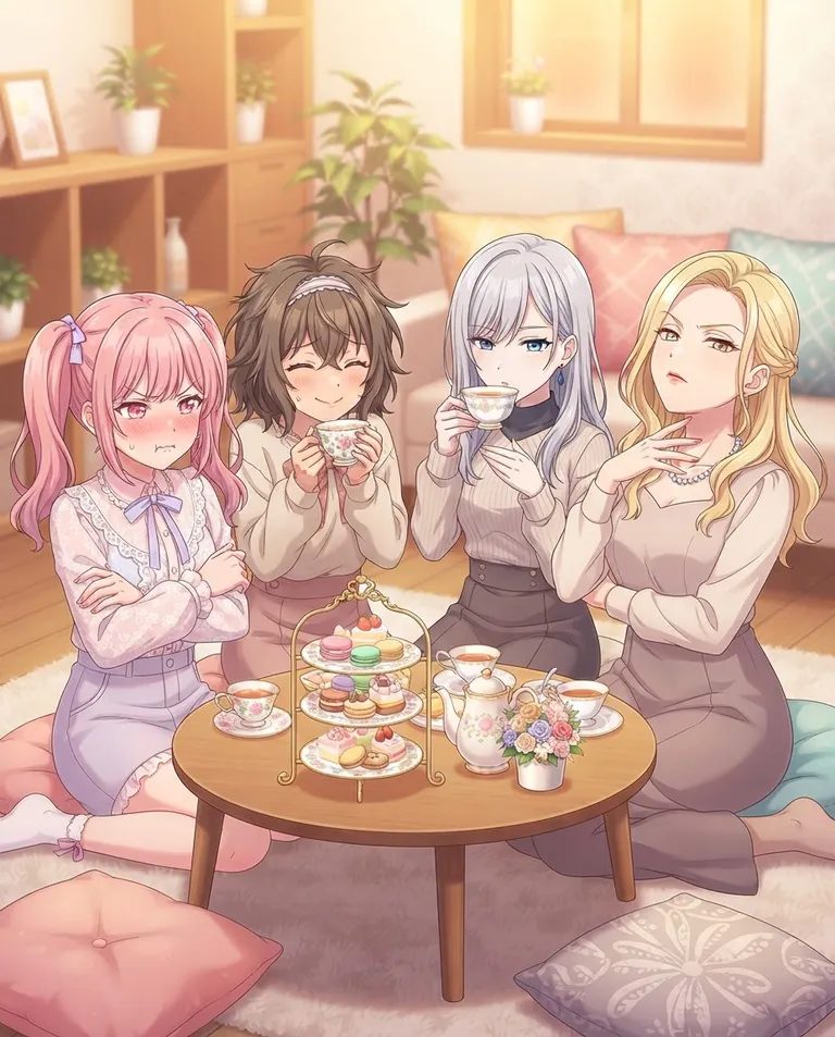 Modern anime key visual, simple background: waist-up group shot of four young adult women gathered around a low tea table in a cozy lounge, one with twin tails crossing her arms and looking away with a flustered pout, one with a serene fixed smile hugging a teacup a little too tightly, one silver-haired and coolly expressionless sipping tea, one regal blonde lifting her chin like a princess awaiting tribute, cushions and cake stands around them. Soft golden indoor light. Sweet, playful pastel palette. No text, no watermark.