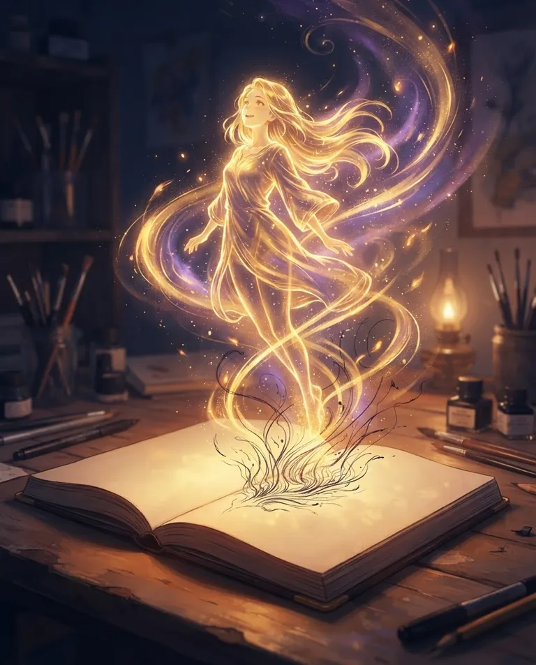 Modern anime key visual, simple background: close shot of a drawn young adult woman with tall graceful adult proportions lifting off the blank page of an open sketchbook on an artist's desk, ink lines peeling up from the paper and igniting into ribbons of golden light, loose luminous strokes swirling around the rising form. Warm radiant light from the page against dim studio shadow. Magical amber-and-violet palette. No text, no letters, no numbers, no writing anywhere in the image, no watermark.