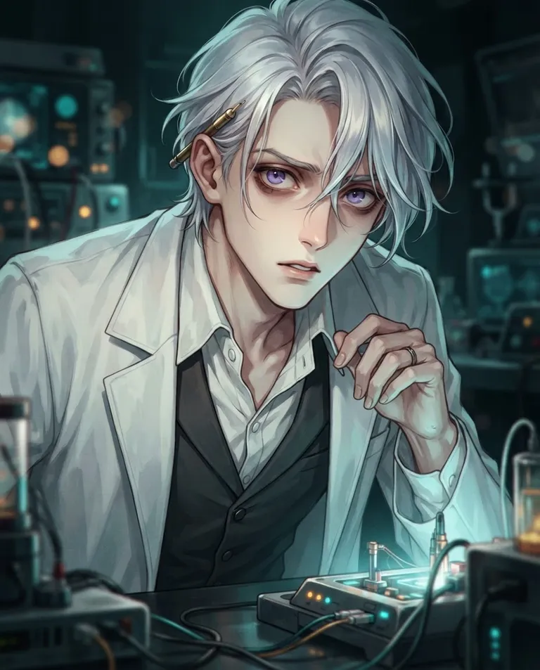 Modern anime key visual, simple background: close portrait of Casimir, a young adult man with silver-white hair swept back and falling loose in stray strands, sharp violet eyes with faint dark circles beneath them, pale skin and a slim elegant build, wearing a long open white lab coat over a charcoal waistcoat and a rumpled white dress shirt with the collar undone, a small brass stylus tucked behind his ear, wonder and dread mixing in his wide eyes, leaning in close to study the viewer's face as if seeing them for the first time, in the soft glow of a laboratory charging station. Pale machine light rising from below. Intimate uneasy teal-and-amber palette. No text, no watermark.