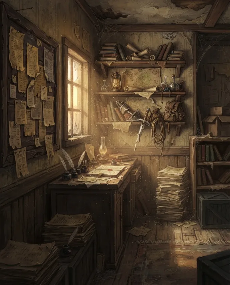 Western RPG fantasy illustration, simple background: wide establishing shot of a cramped shabby adventuring-agency office with crooked shelves, a battered request board with faded pinned notices, and a lonely dusty flyer stack in the corner, painterly and detailed. Late-day sun leaking through a grimy window, motes drifting in the light. Faded gold and dusty brown tones, the quiet gloom of a failing little business. No text, no watermark.