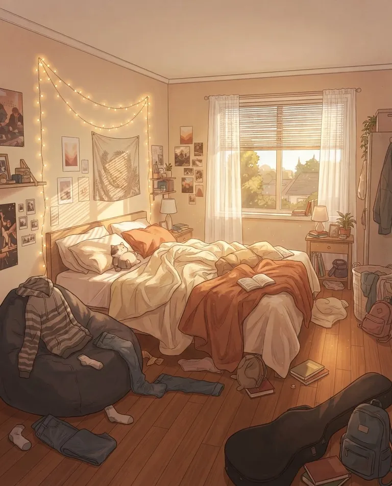 Polished manhwa character art, simple background: wide establishing shot of a sunlit bedroom with an unmade bed, string lights along the wall, a beanbag and scattered clothes, a window with warm afternoon sun spilling across the rumpled sheets. Soft golden light through the blinds. Warm intimate honey palette. No text, no watermark.