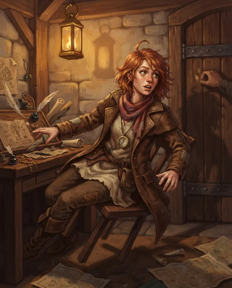 Western RPG fantasy illustration, simple background: dynamic shot of Sparrow, a young adult woman with messy shoulder-length copper-red hair and a crooked cowlick, bright green eyes, freckled fair skin and a slim wiry build, wearing a patched brown leather adventurer's coat over a rumpled cream tunic and a loose faded-red scarf, a dented brass compass on a cord around her neck, startled mid-fall out of her chair and grabbing the desk edge, eyes flying wide with a jolt of hopeful surprise, head snapping toward a heavy wooden door as someone knocks. Warm lantern light throwing long swinging shadows. Excited amber palette, a spark of sudden hope. No text, no watermark.