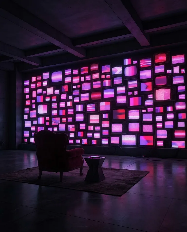 Polished manhwa character art, simple background: wide establishing shot of a darkened room with one entire wall made of hundreds of small television screens, every screen glowing only with a different abstract color field or soft static in neon magenta, violet and crimson, a lone empty armchair facing the wall. Layered neon glow against deep darkness. Hypnotic sultry neon palette. No text, no letters, no numbers, no writing anywhere in the image, no watermark.