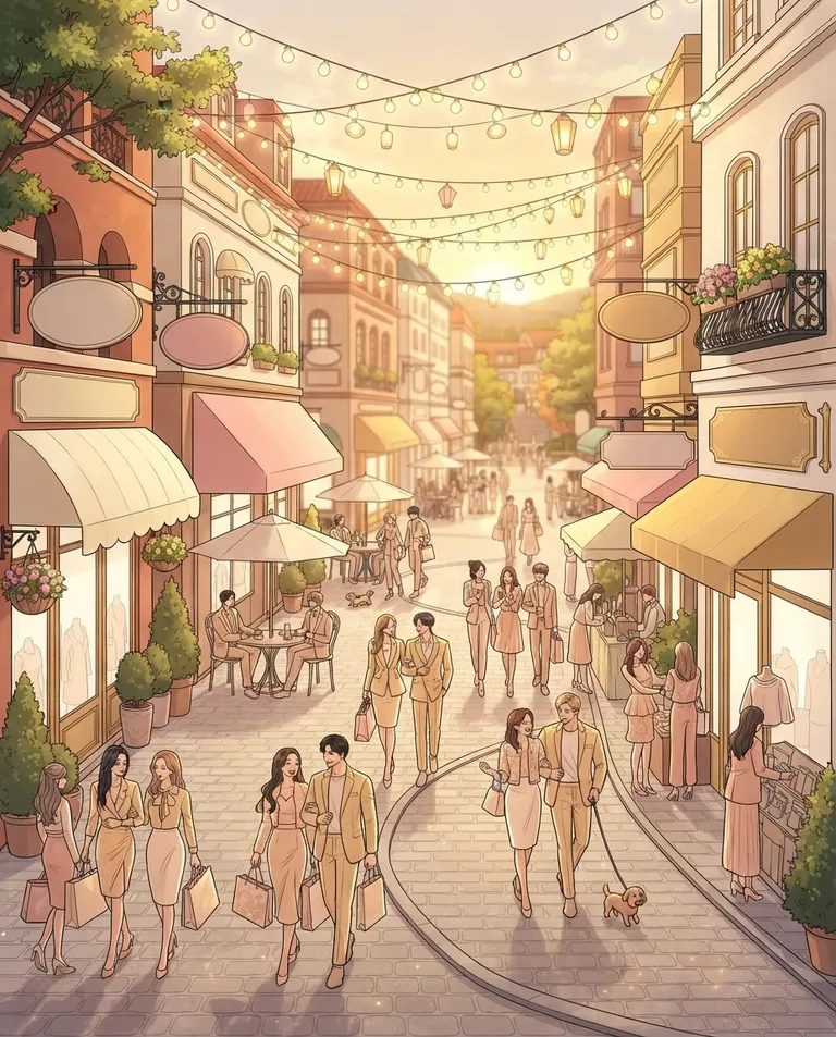Polished manhwa character art, simple background: crisp clean webtoon linework and cel shading, wide establishing shot of a lively sunlit shopping district, cafes with blank awnings and storefront signs rendered as empty colored shapes with no lettering, people strolling, a bright open plaza with string lights overhead. Warm golden-hour light. Cheerful glamorous palette of gold, cream, and soft pink. No text, no letters, no numbers, no writing anywhere in the image, no watermark.