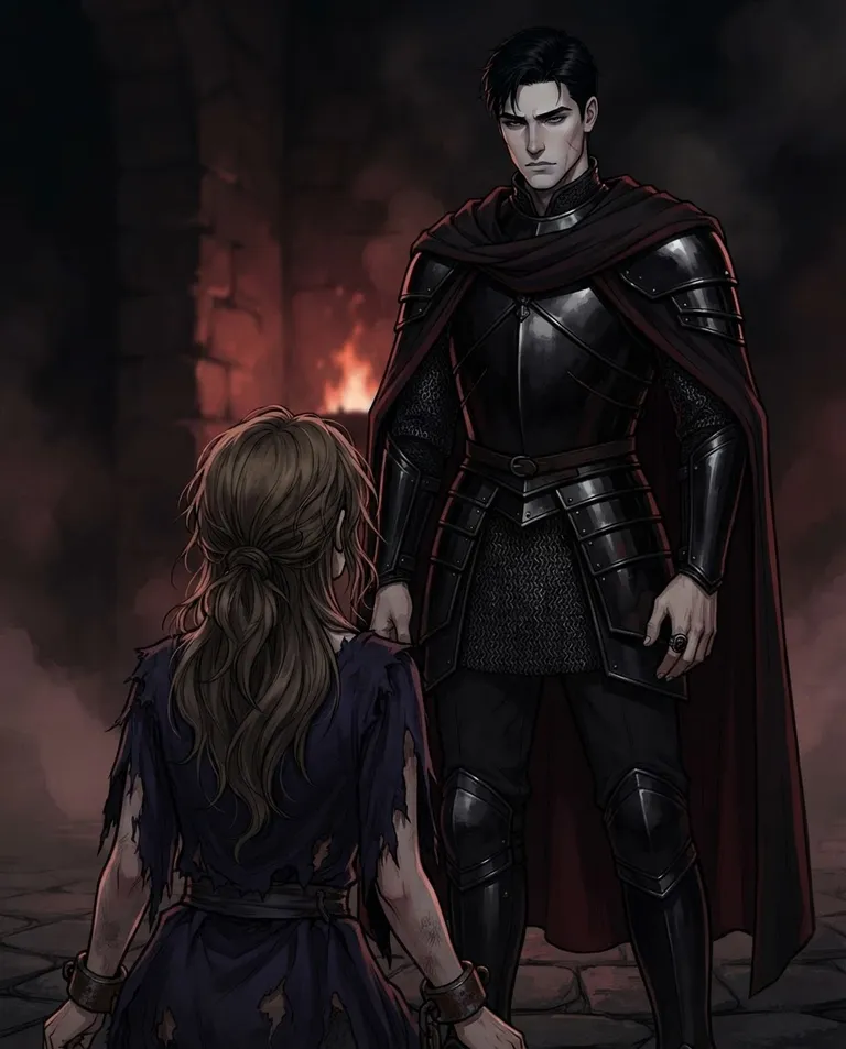 Polished manhwa character art, simple background: over-the-shoulder shot from behind a kneeling chained princess looking up at Cassian, a late-twenties man with jet-black hair swept back short, pale grey eyes, a tall lean muscular build with fair skin and a faint scar along his jaw, wearing polished black lacquered armor beneath a dark crimson-lined cloak, a heavy iron signet ring on his left hand, standing over her unhurried and looming, his face cold and unreadable as he studies her. Cold firelit backlight from a burning hall. Tense charged mood, smoky red-black palette. No text, no watermark.
